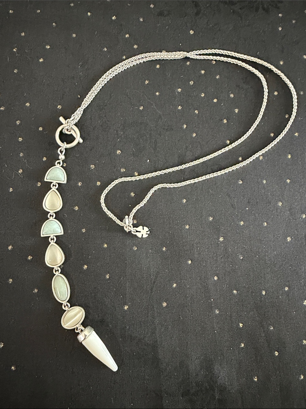 Lucky Brand Silver Necklace with Mint and Cream Stones and Pointed Pendant